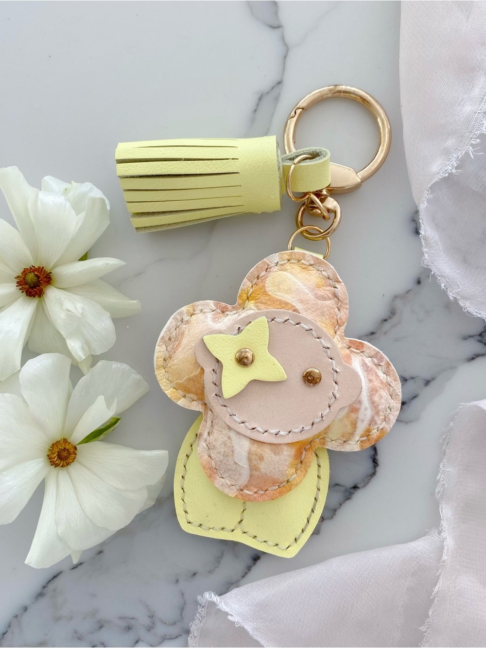 Handmade Vivienne Doll Leather Bag Charm with Tassel - Yellow & Peach